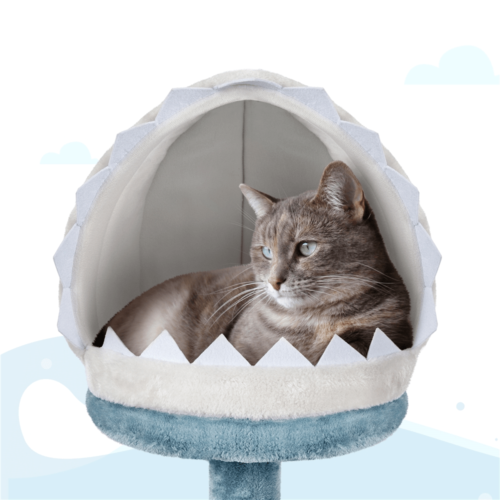 Butterslay 45.5 inch multi-level ocean themed cat tree tower in blue and white featuring plush perches, sisal scratching posts, a shark mouth nest, and a hammock for indoor cats.