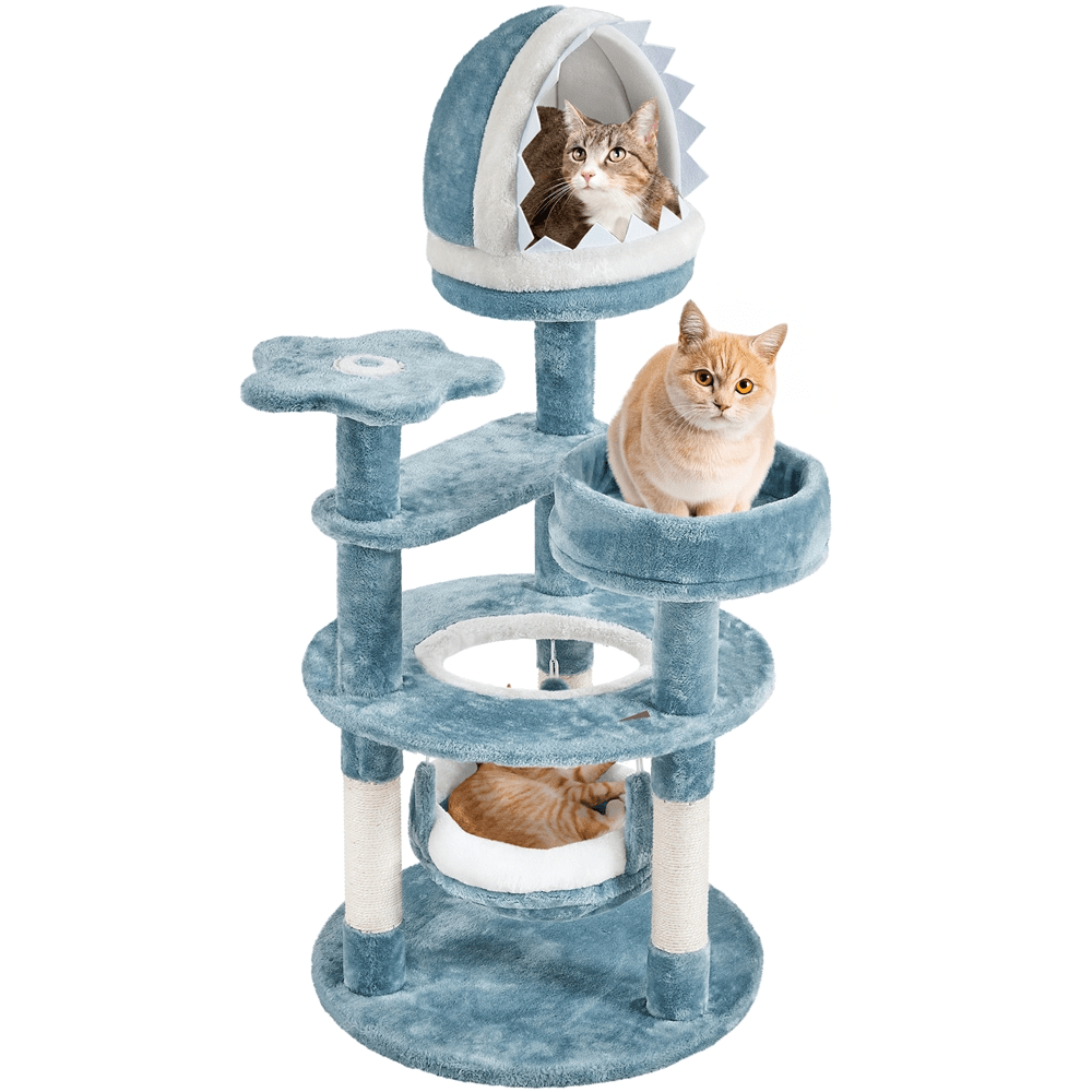 Butterslay 45.5 inch multi-level ocean themed cat tree tower in blue and white featuring plush perches, sisal scratching posts, a shark mouth nest, and a hammock for indoor cats.