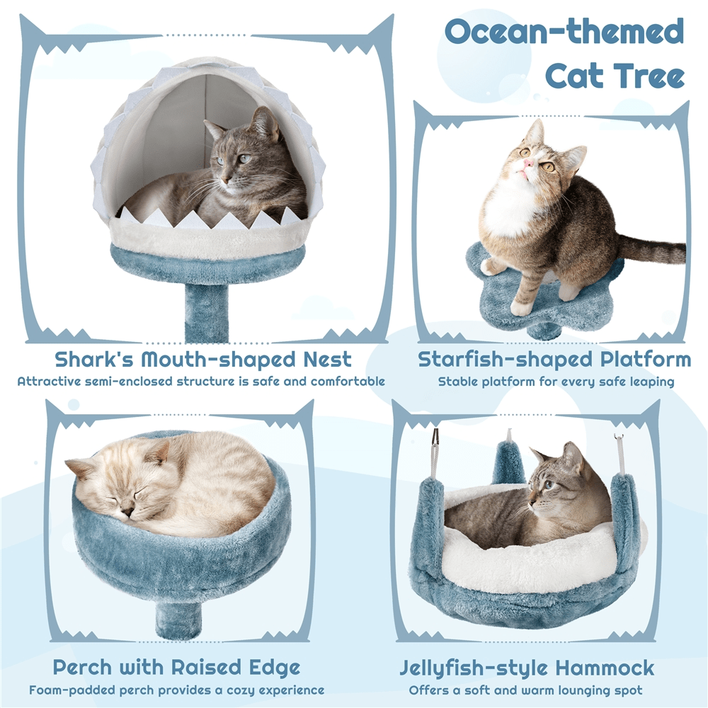 Butterslay 45.5 inch multi-level ocean themed cat tree tower in blue and white featuring plush perches, sisal scratching posts, a shark mouth nest, and a hammock for indoor cats.