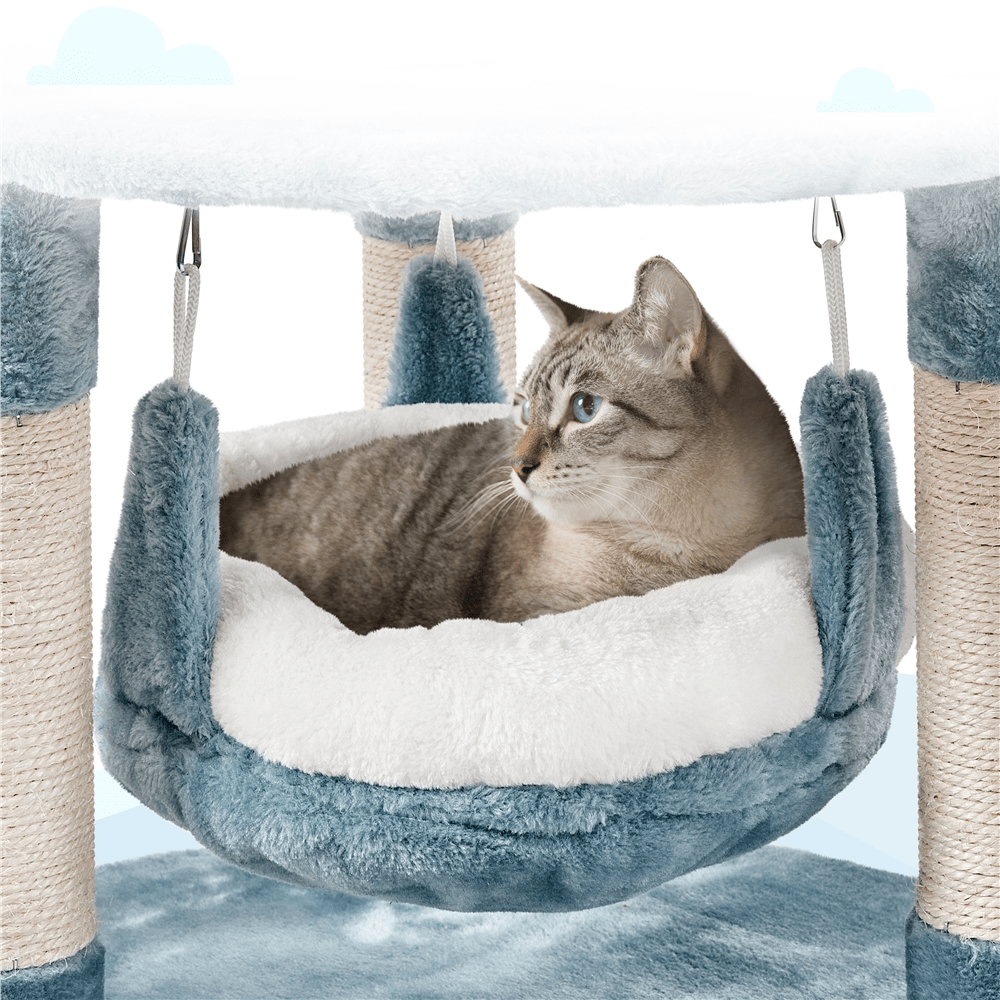 Butterslay 45.5 inch multi-level ocean themed cat tree tower in blue and white featuring plush perches, sisal scratching posts, a shark mouth nest, and a hammock for indoor cats.