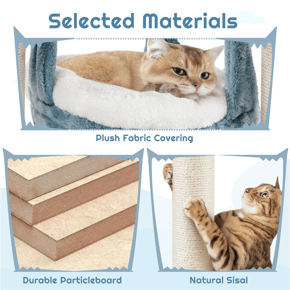 Butterslay 45.5 inch multi-level ocean themed cat tree tower in blue and white featuring plush perches, sisal scratching posts, a shark mouth nest, and a hammock for indoor cats.