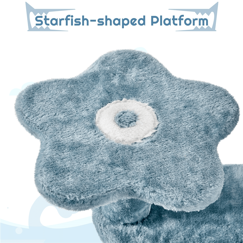Butterslay 45.5 inch multi-level ocean themed cat tree tower in blue and white featuring plush perches, sisal scratching posts, a shark mouth nest, and a hammock for indoor cats.
