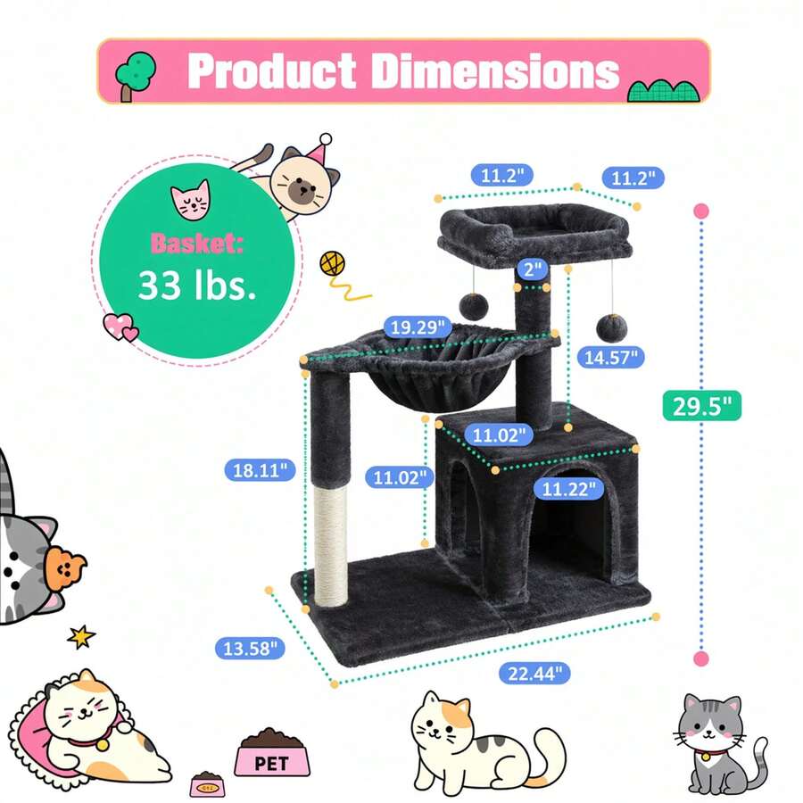 Allewie 29.5-inch dark grey indoor cat tree featuring sisal scratching posts, plush top perch, condo, basket, and dangling ball.