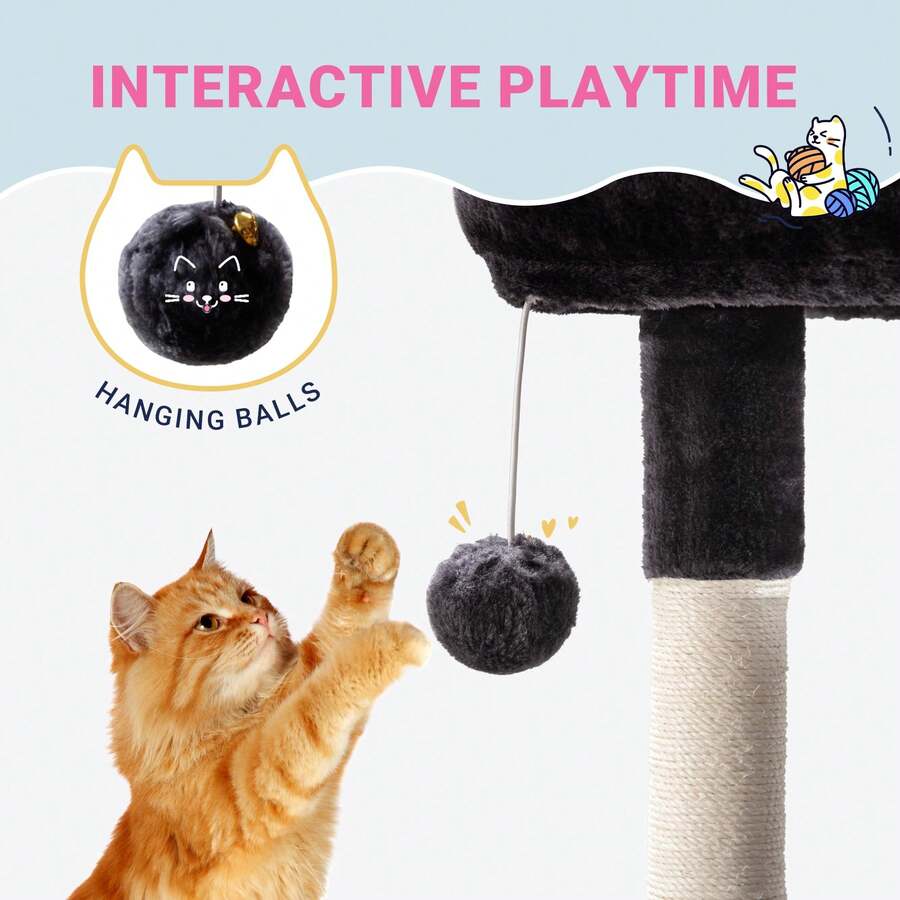Allewie 29.5-inch dark grey indoor cat tree featuring sisal scratching posts, plush top perch, condo, basket, and dangling ball.