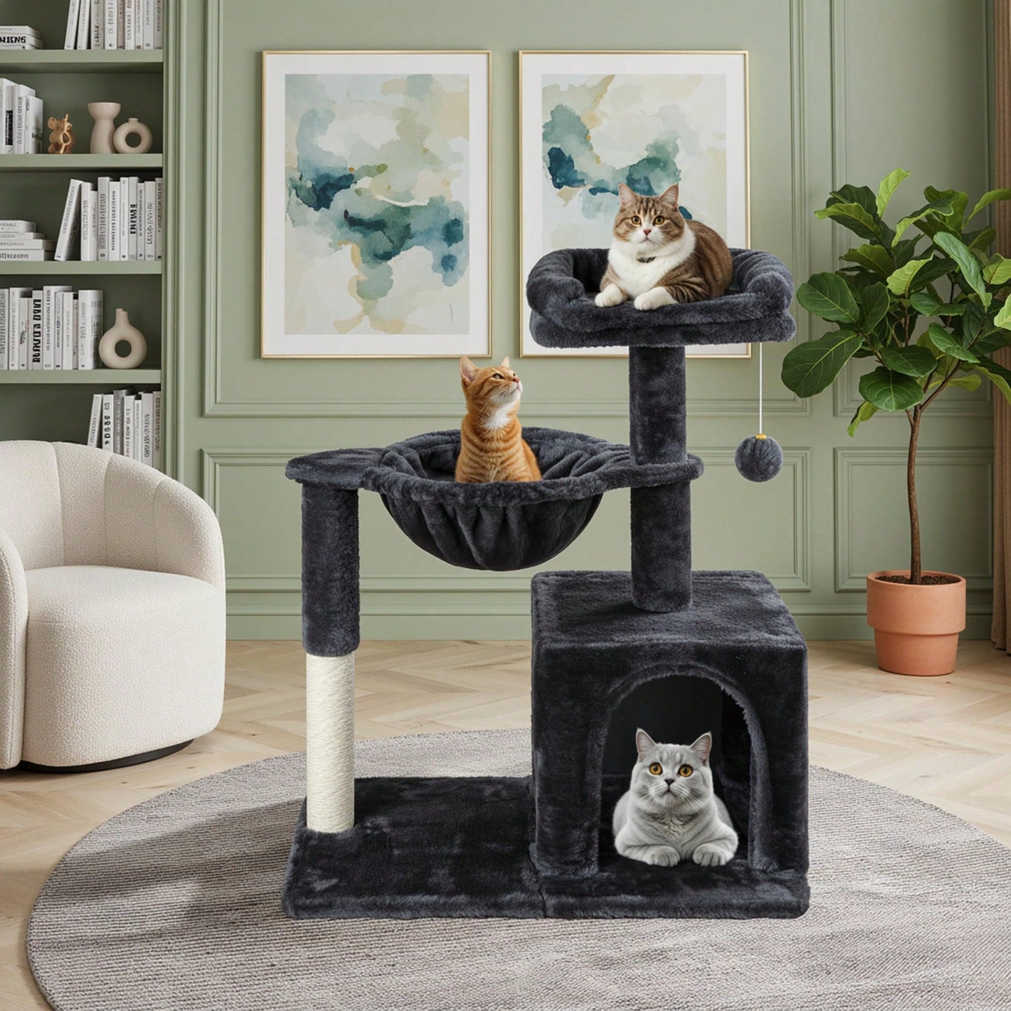 Allewie 29.5-inch dark grey indoor cat tree featuring sisal scratching posts, plush top perch, condo, basket, and dangling ball.