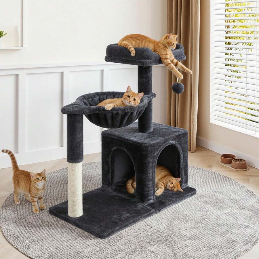 Allewie 29.5-inch dark grey indoor cat tree featuring sisal scratching posts, plush top perch, condo, basket, and dangling ball.