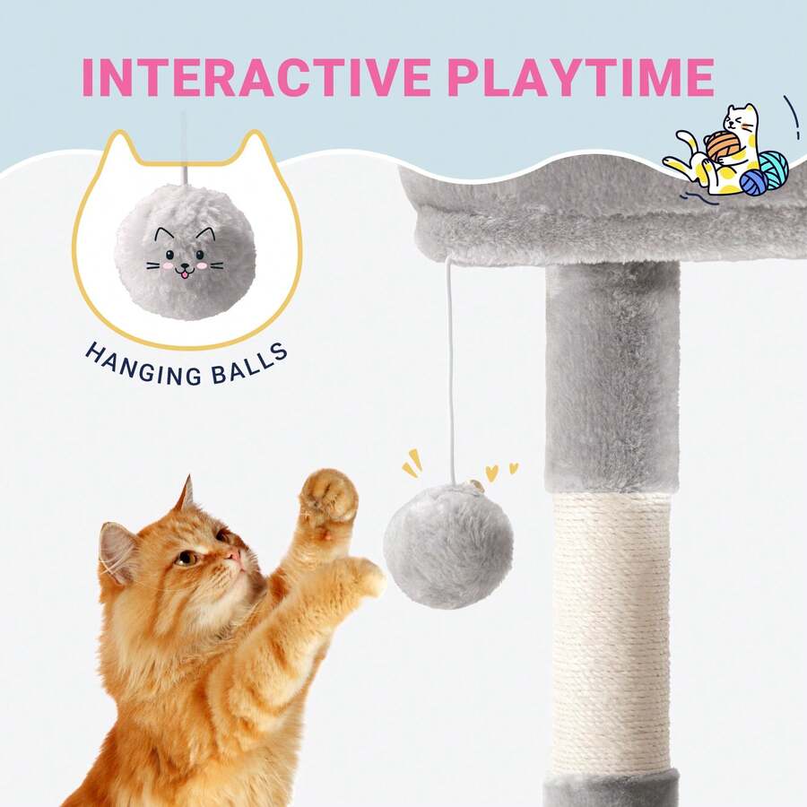 Allewie 29.5-inch dark grey indoor cat tree featuring sisal scratching posts, plush top perch, condo, basket, and dangling ball.