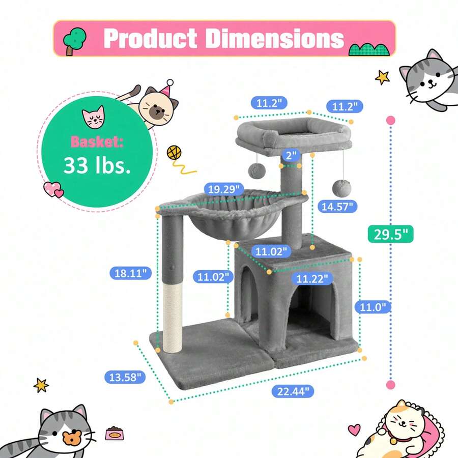 Allewie 29.5-inch dark grey indoor cat tree featuring sisal scratching posts, plush top perch, condo, basket, and dangling ball.