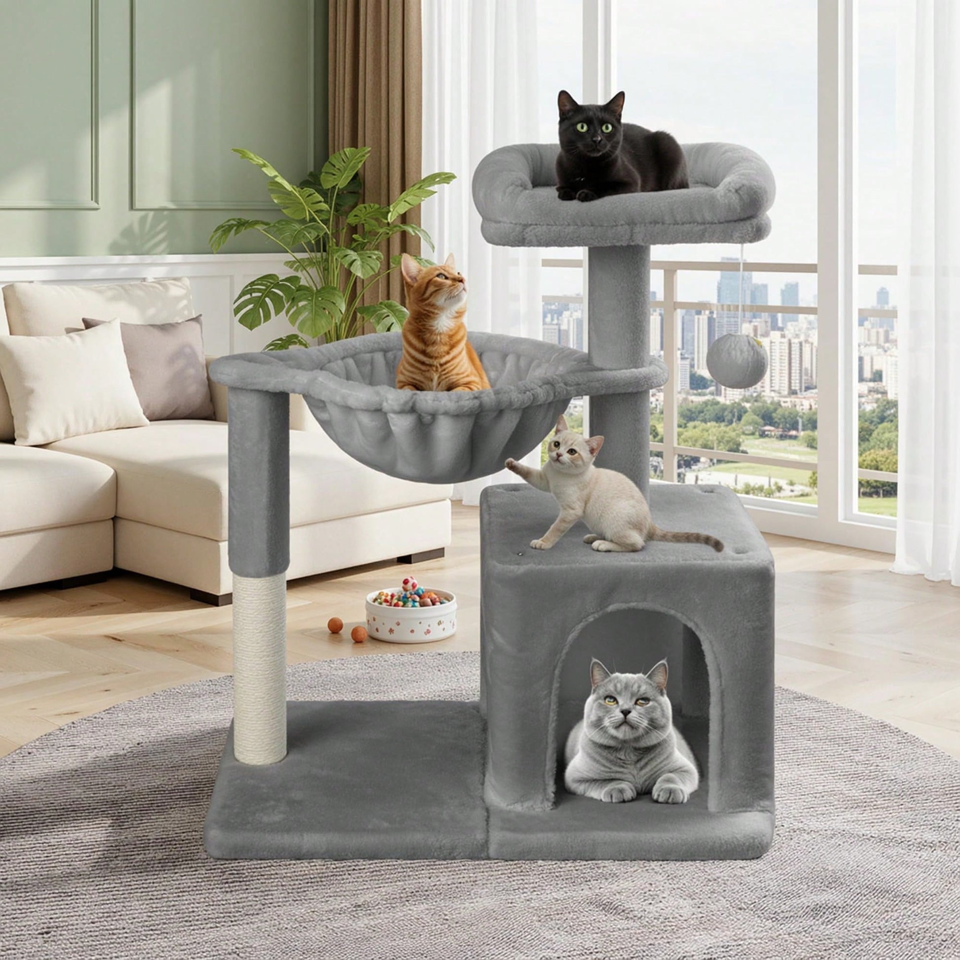 Allewie 29.5-inch dark grey indoor cat tree featuring sisal scratching posts, plush top perch, condo, basket, and dangling ball.