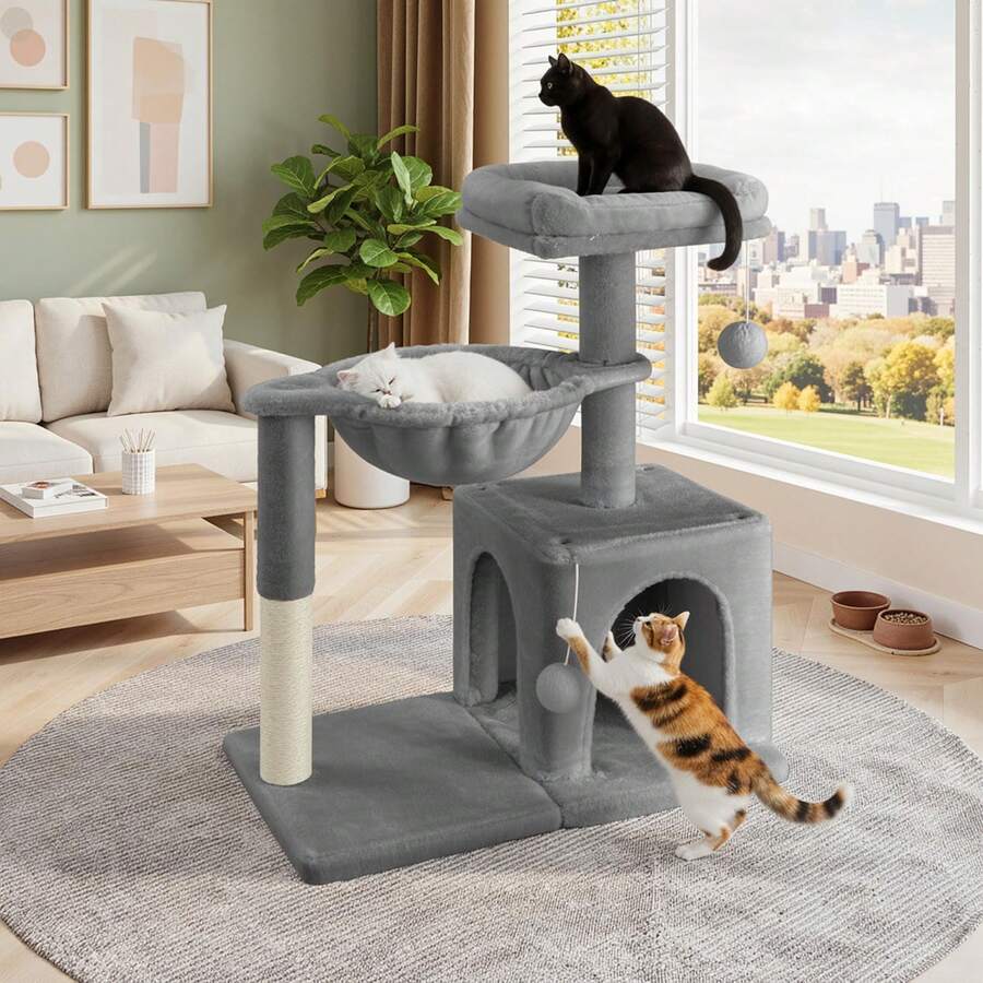 Allewie 29.5-inch dark grey indoor cat tree featuring sisal scratching posts, plush top perch, condo, basket, and dangling ball.