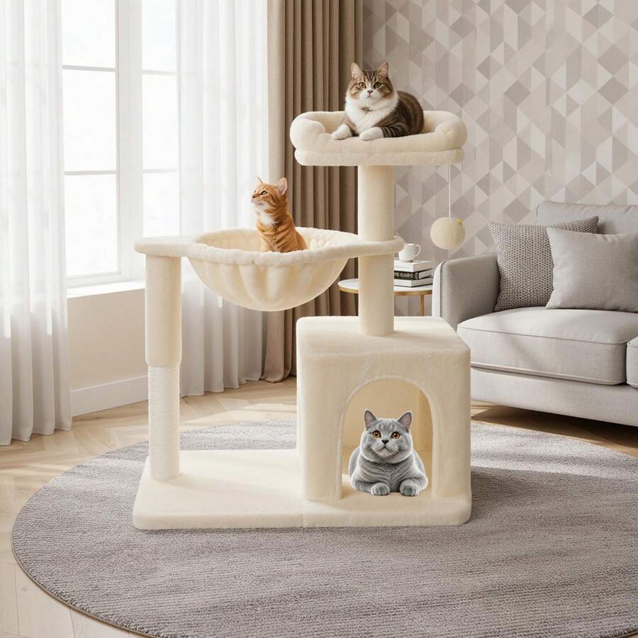 Allewie 29.5-inch dark grey indoor cat tree featuring sisal scratching posts, plush top perch, condo, basket, and dangling ball.