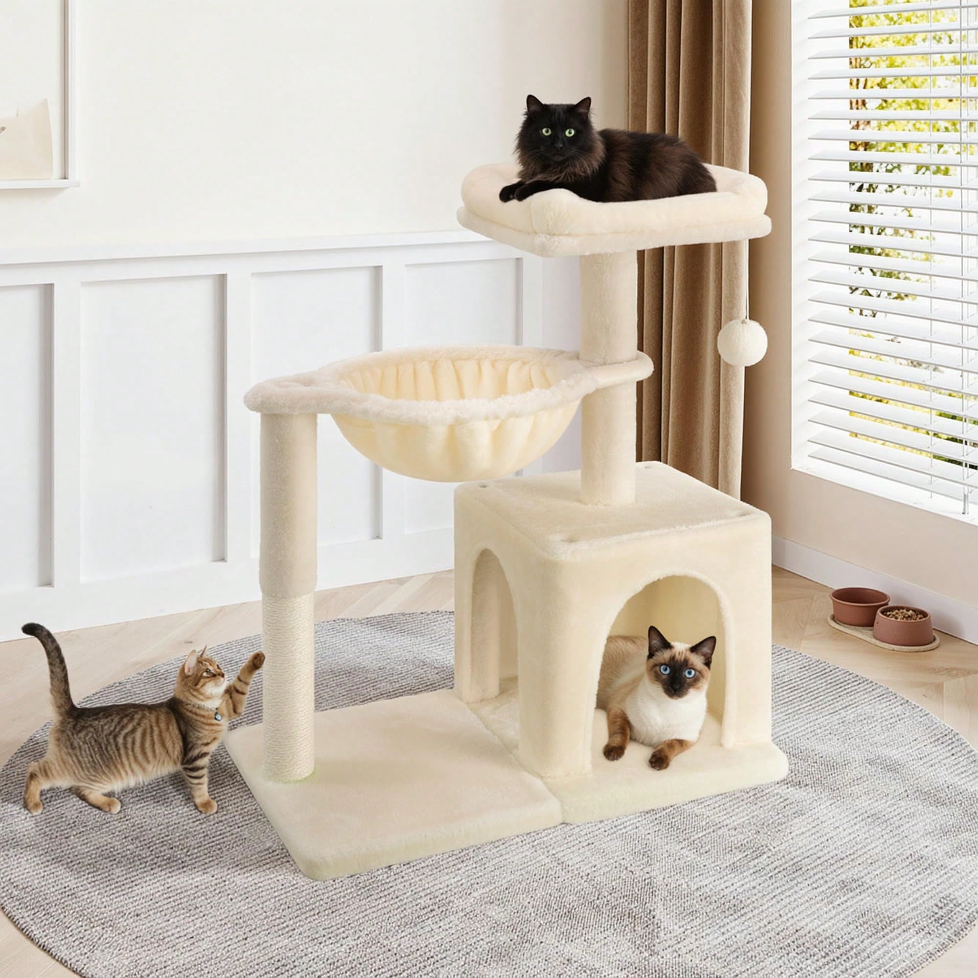 Allewie 29.5-inch dark grey indoor cat tree featuring sisal scratching posts, plush top perch, condo, basket, and dangling ball.