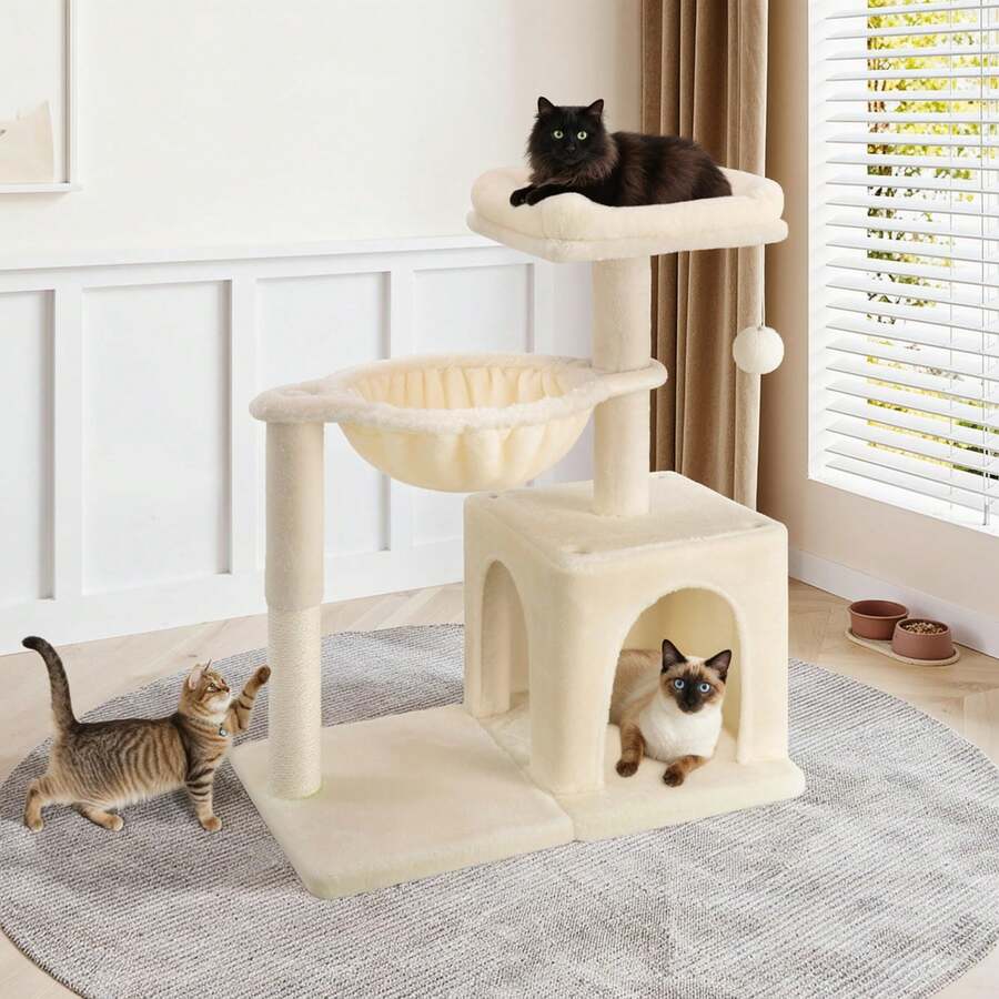 Allewie 29.5-inch dark grey indoor cat tree featuring sisal scratching posts, plush top perch, condo, basket, and dangling ball.