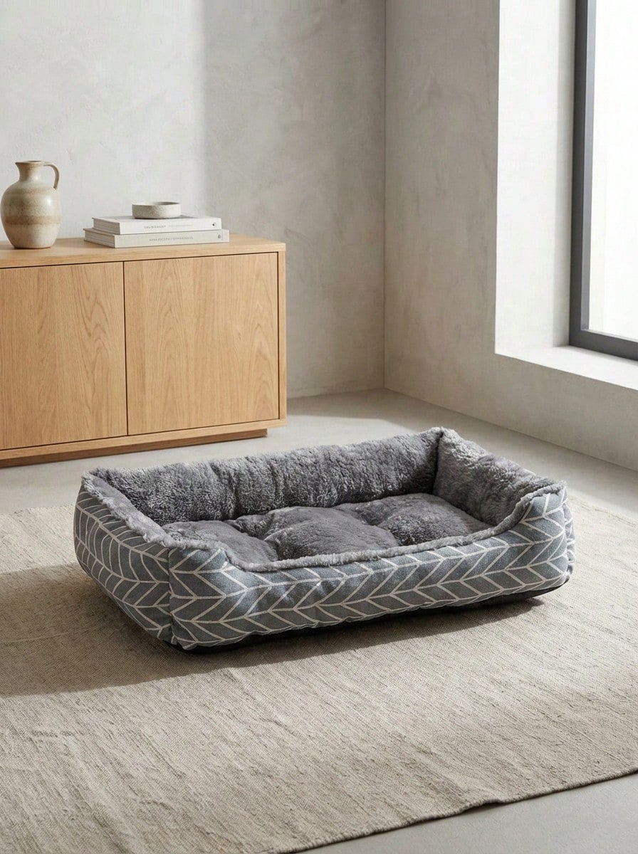 Multicolor plush pet bed made of 100% polyester with polypropylene fiber filling, suitable for dogs and cats.