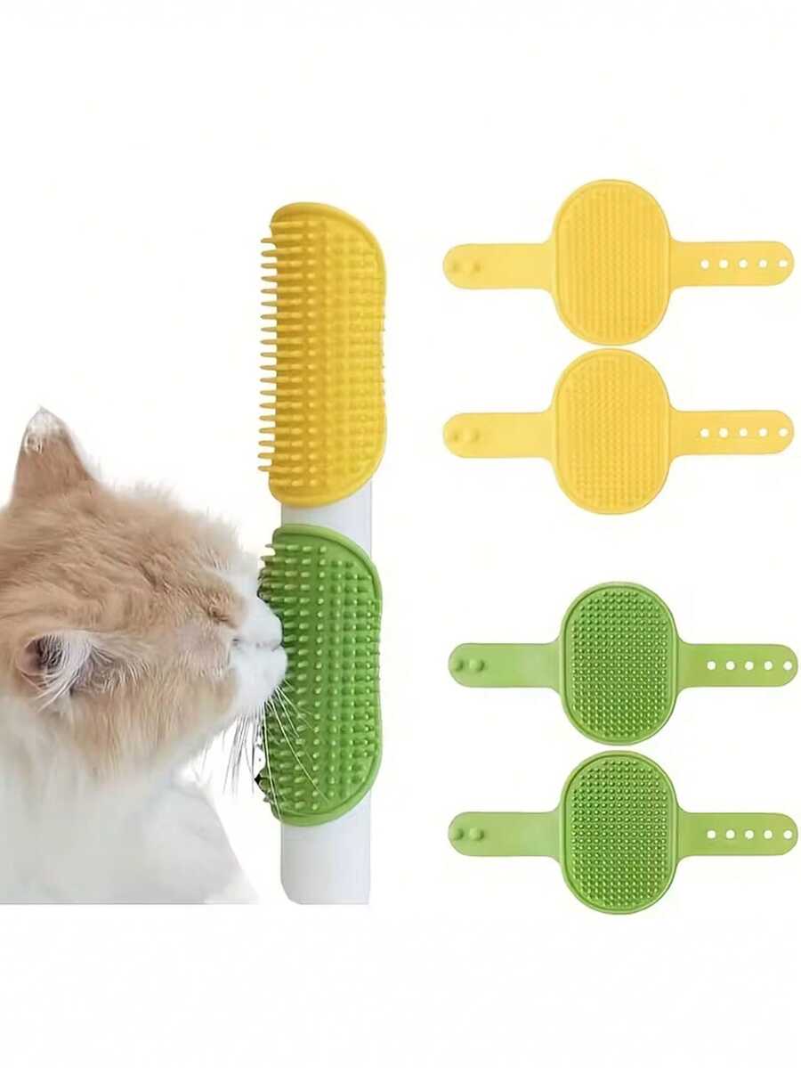 Silicone cat scratching brush with adjustable strap attached to a table leg for cat self-grooming.