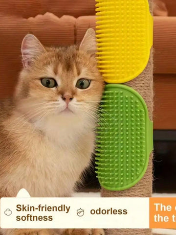 Silicone cat scratching brush with adjustable strap attached to a table leg for cat self-grooming.