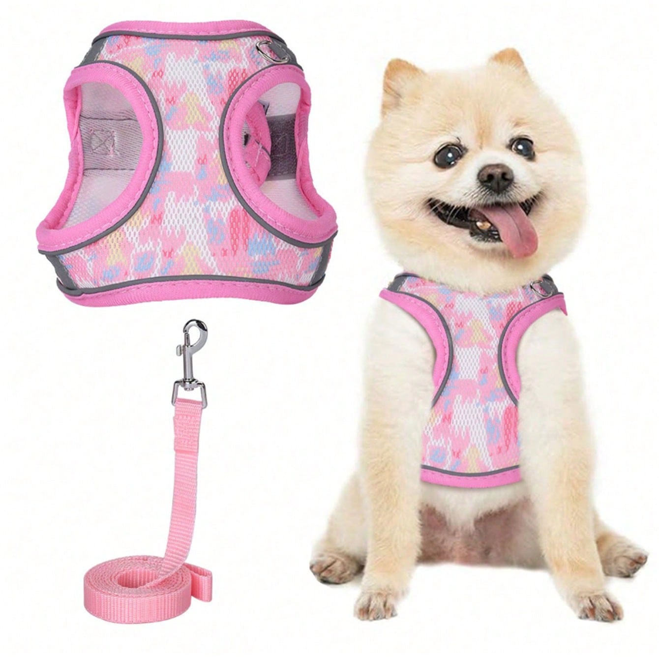 1 Set Colorful Printed Breathable Mesh Pet Harness And Leash, Made Of Durable Breathable Mesh Fabric With Vibrant Prints, Soft And Sturdy; Featuring High-Visibility Reflective Strips.