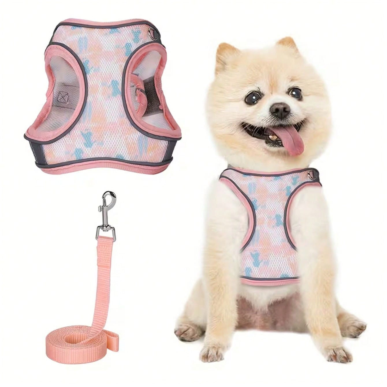 1 Set Colorful Printed Breathable Mesh Pet Harness And Leash, Made Of Durable Breathable Mesh Fabric With Vibrant Prints, Soft And Sturdy; Featuring High-Visibility Reflective Strips.