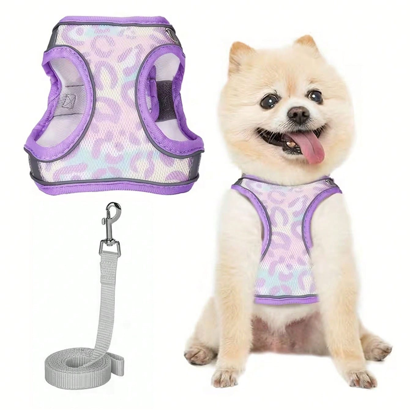 1 Set Colorful Printed Breathable Mesh Pet Harness And Leash, Made Of Durable Breathable Mesh Fabric With Vibrant Prints, Soft And Sturdy; Featuring High-Visibility Reflective Strips.