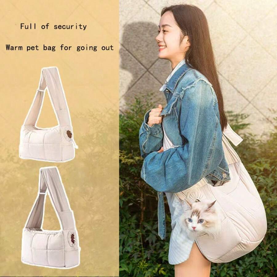 Multicolor portable warm cat carrier bag with visible head opening and shoulder straps for cats and dogs.
