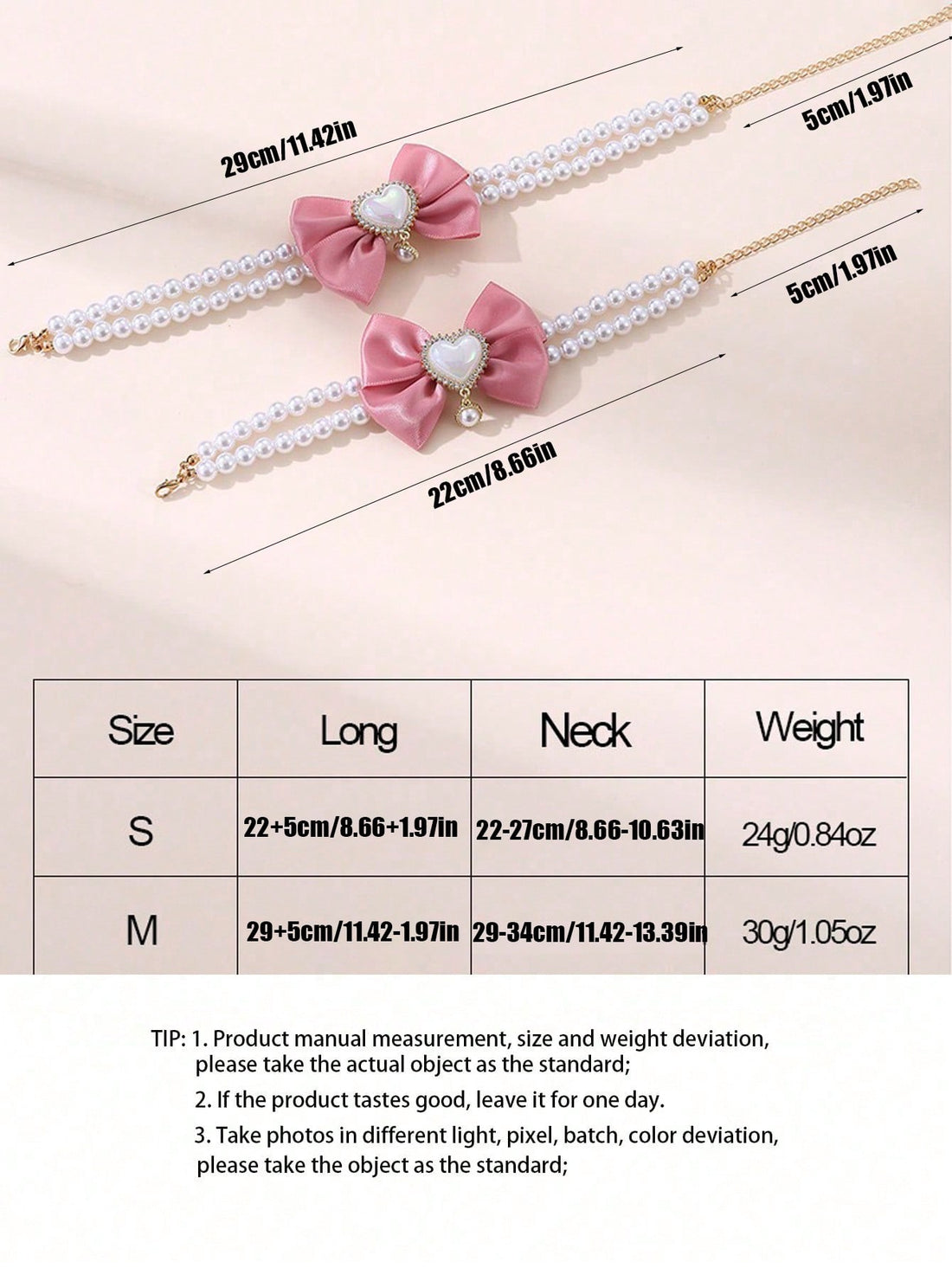 Pink faux pearl pet necklace collar with bow and heart-shaped princess-style decor for cats and dogs, made from polyester for holidays and special occasions.
