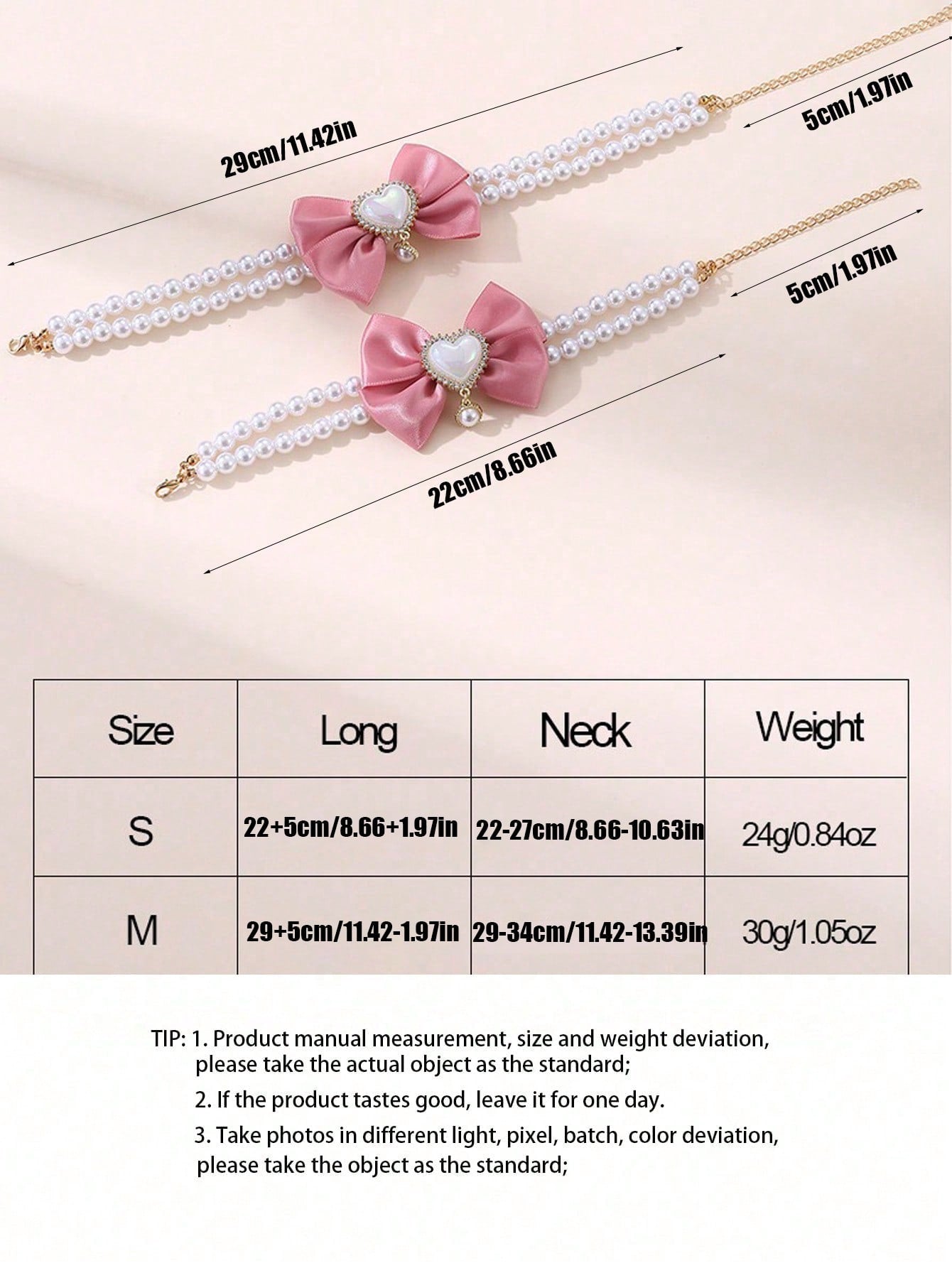 Pink faux pearl pet necklace collar with bow and heart-shaped princess-style decor for cats and dogs, made from polyester for holidays and special occasions.