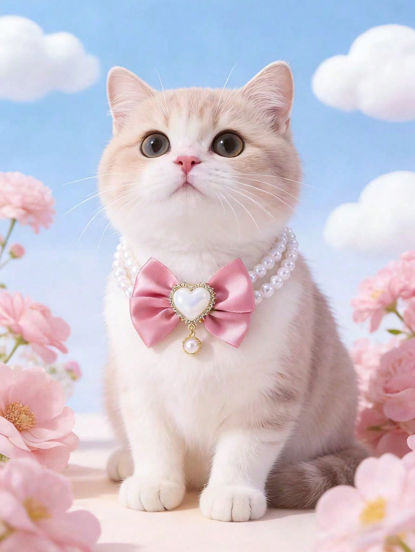 Pink faux pearl pet necklace collar with bow and heart-shaped princess-style decor for cats and dogs, made from polyester for holidays and special occasions.