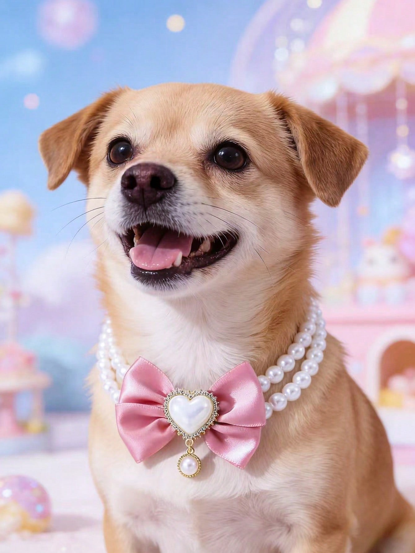 Pink faux pearl pet necklace collar with bow and heart-shaped princess-style decor for cats and dogs, made from polyester for holidays and special occasions.