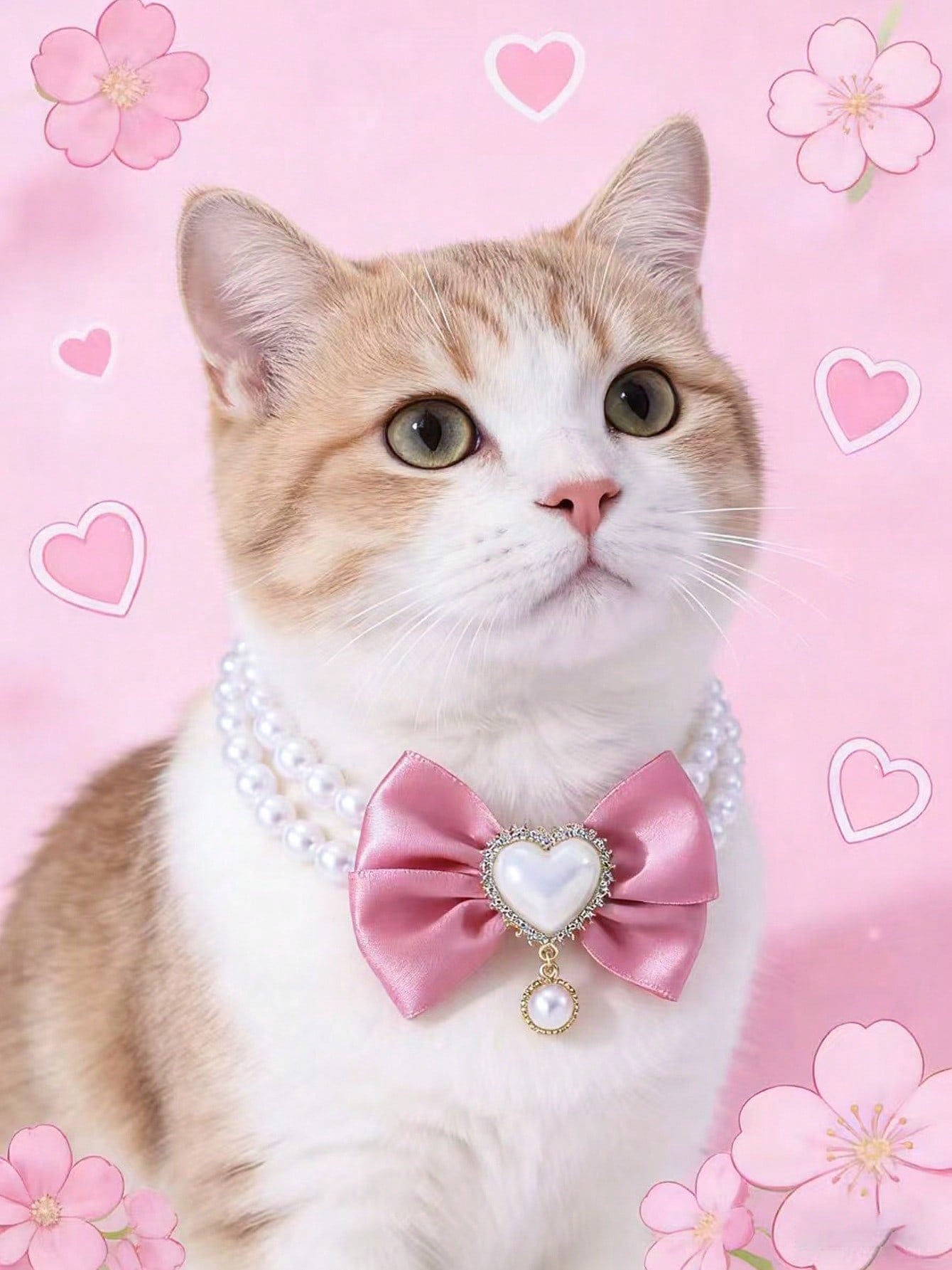 Pink faux pearl pet necklace collar with bow and heart-shaped princess-style decor for cats and dogs, made from polyester for holidays and special occasions.