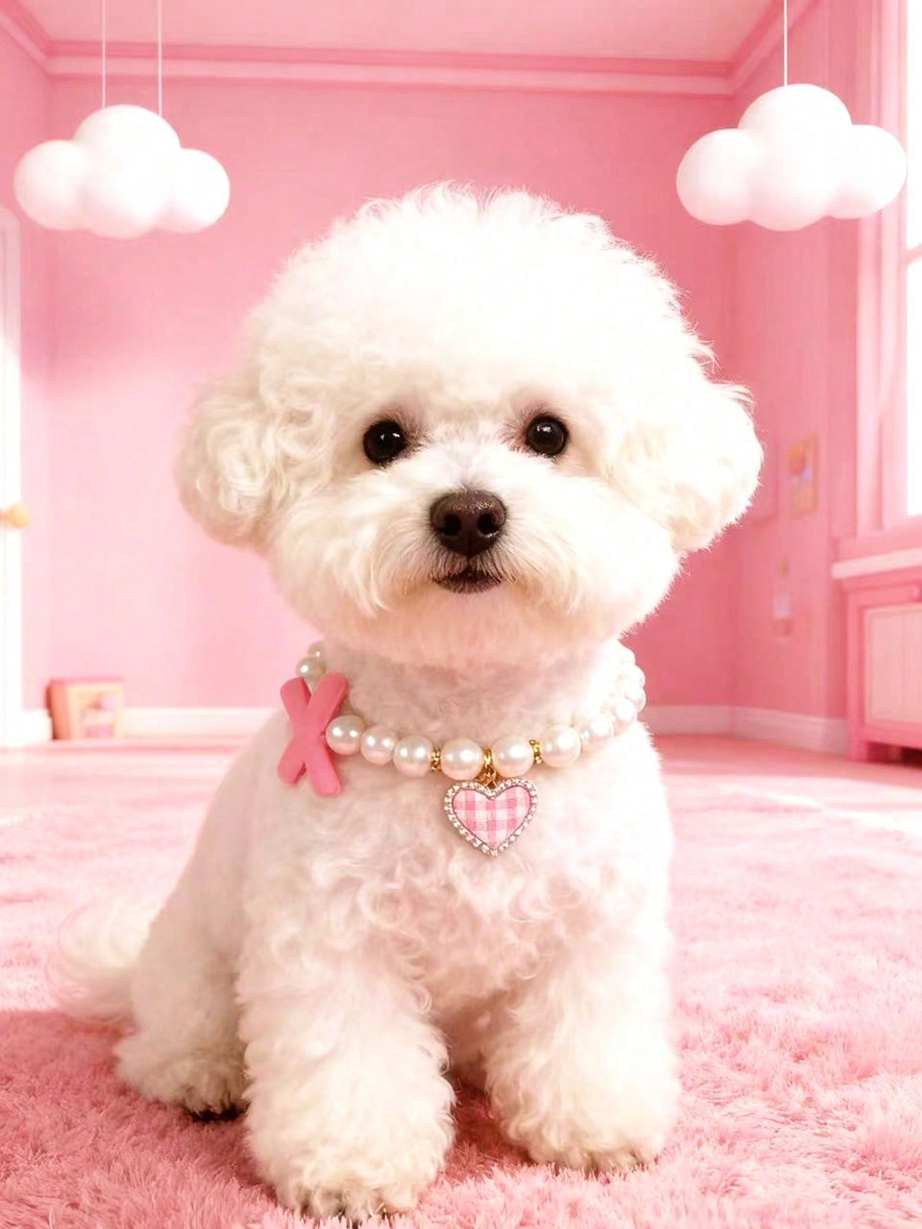 Pink adjustable pet pearl necklace collar with bowknot and heart-shaped pendant for cats and dogs