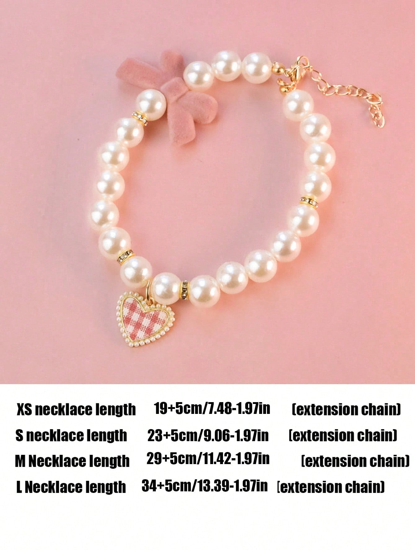 Pink adjustable pet pearl necklace collar with bowknot and heart-shaped pendant for cats and dogs