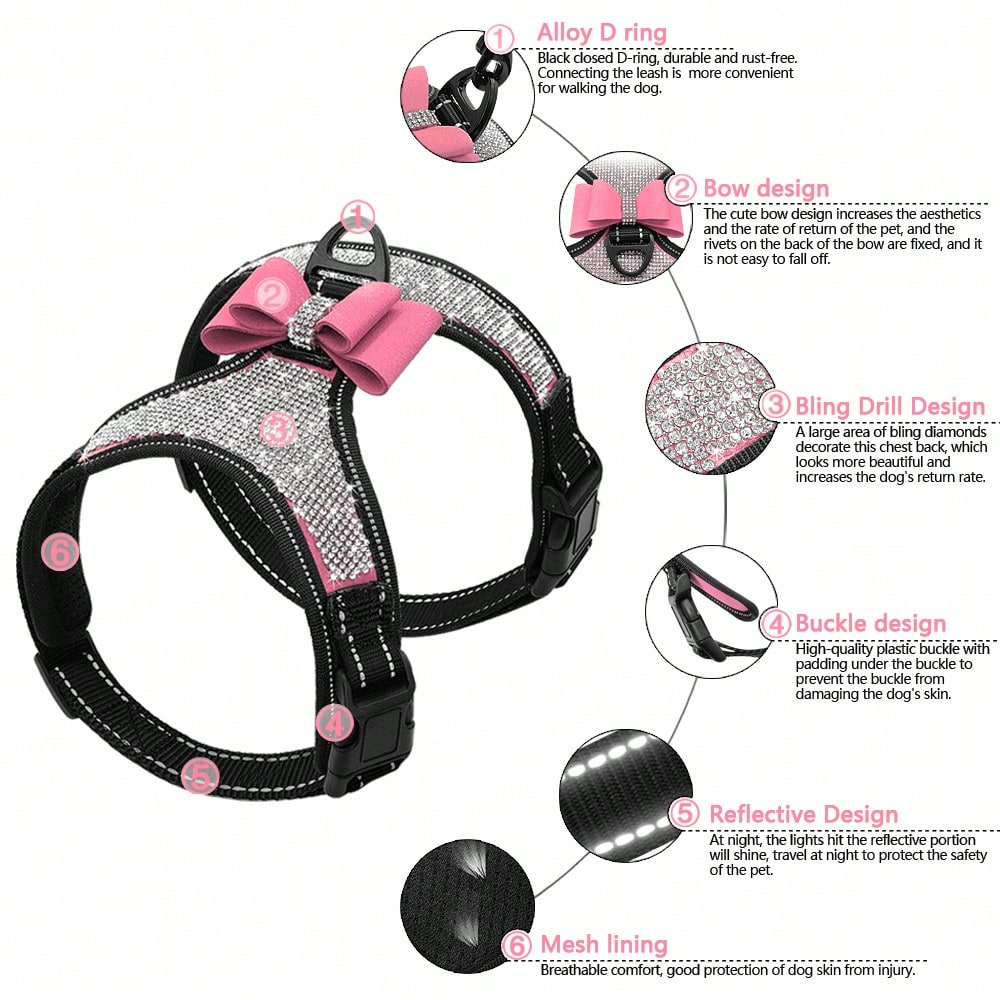 Pink reflective dog harness with rhinestone accents, adjustable straps, breathable design, and plush Korean style for dogs