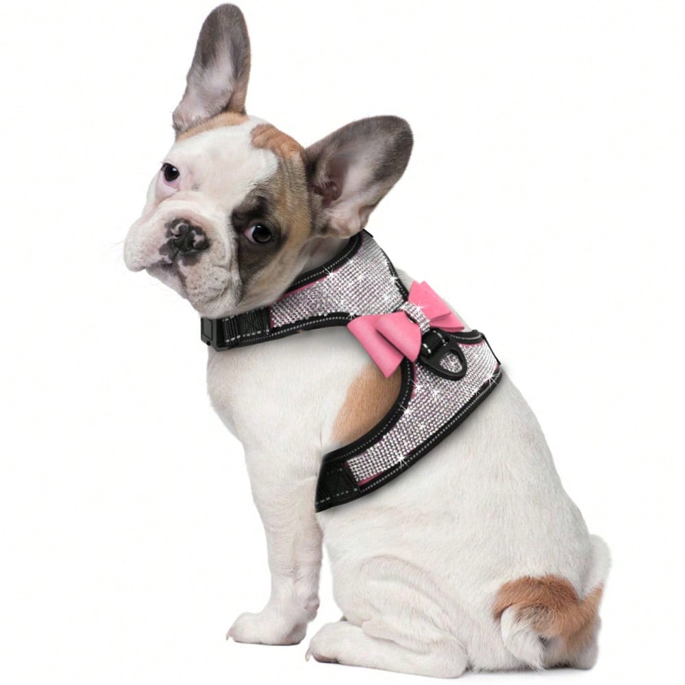 Pink reflective dog harness with rhinestone accents, adjustable straps, breathable design, and plush Korean style for dogs