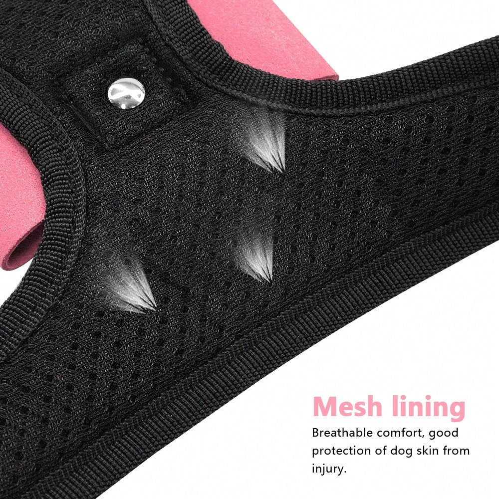 Pink reflective dog harness with rhinestone accents, adjustable straps, breathable design, and plush Korean style for dogs