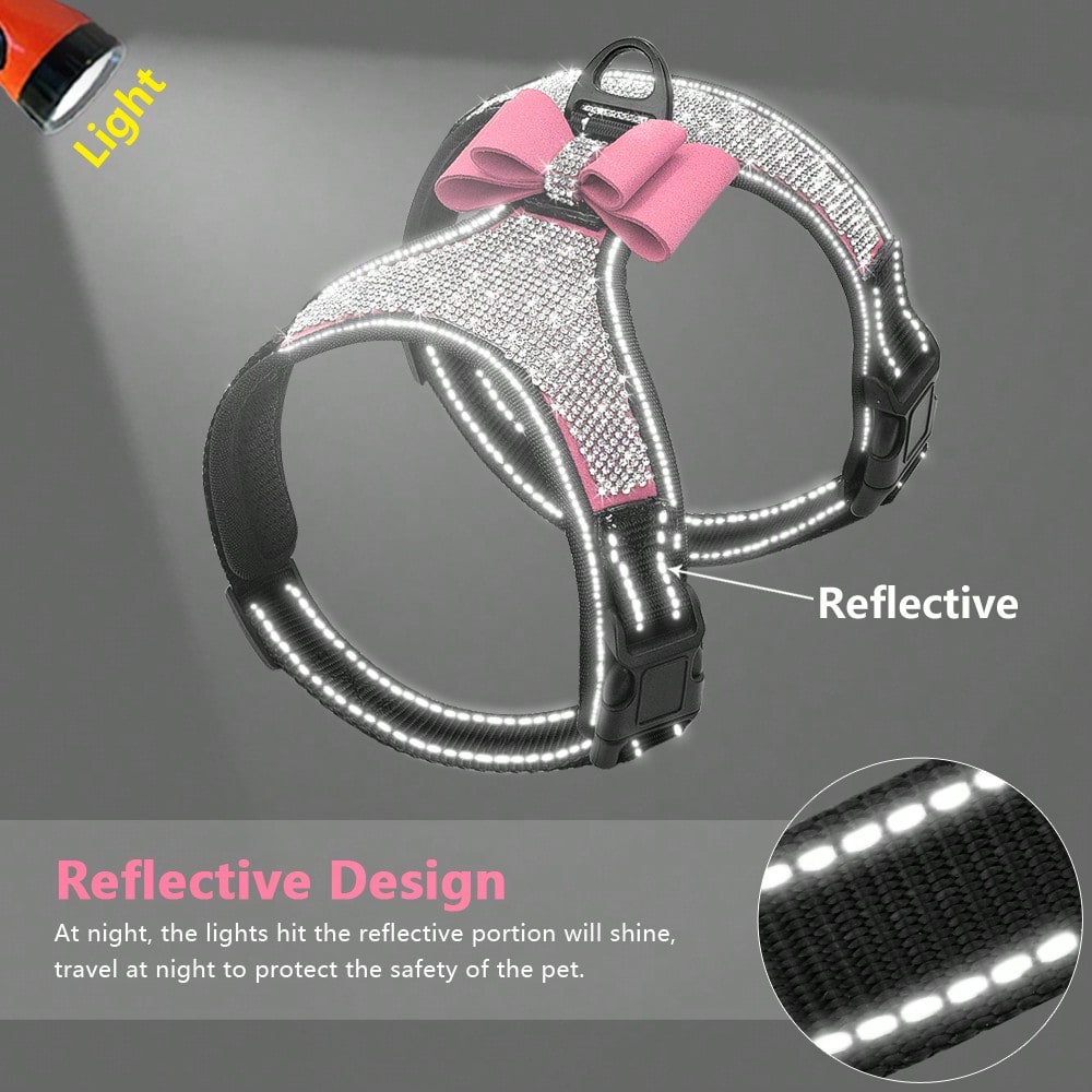 Pink reflective dog harness with rhinestone accents, adjustable straps, breathable design, and plush Korean style for dogs