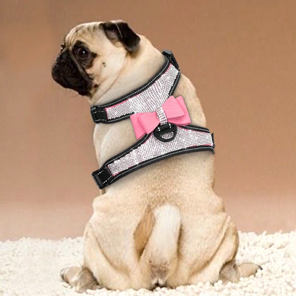 Pink reflective dog harness with rhinestone accents, adjustable straps, breathable design, and plush Korean style for dogs