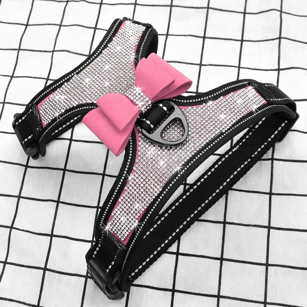 Pink reflective dog harness with rhinestone accents, adjustable straps, breathable design, and plush Korean style for dogs