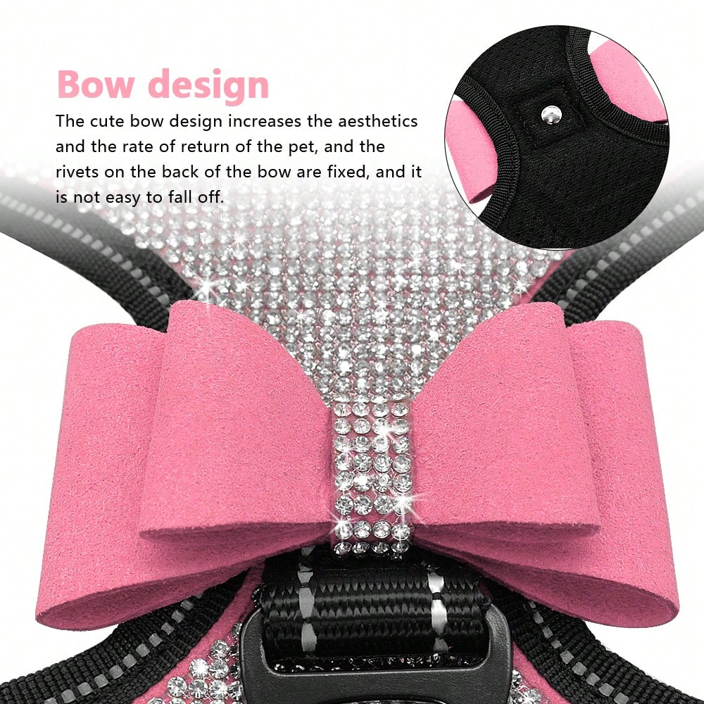 Pink reflective dog harness with rhinestone accents, adjustable straps, breathable design, and plush Korean style for dogs