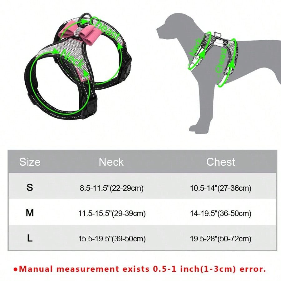 Pink reflective dog harness with rhinestone accents, adjustable straps, breathable design, and plush Korean style for dogs