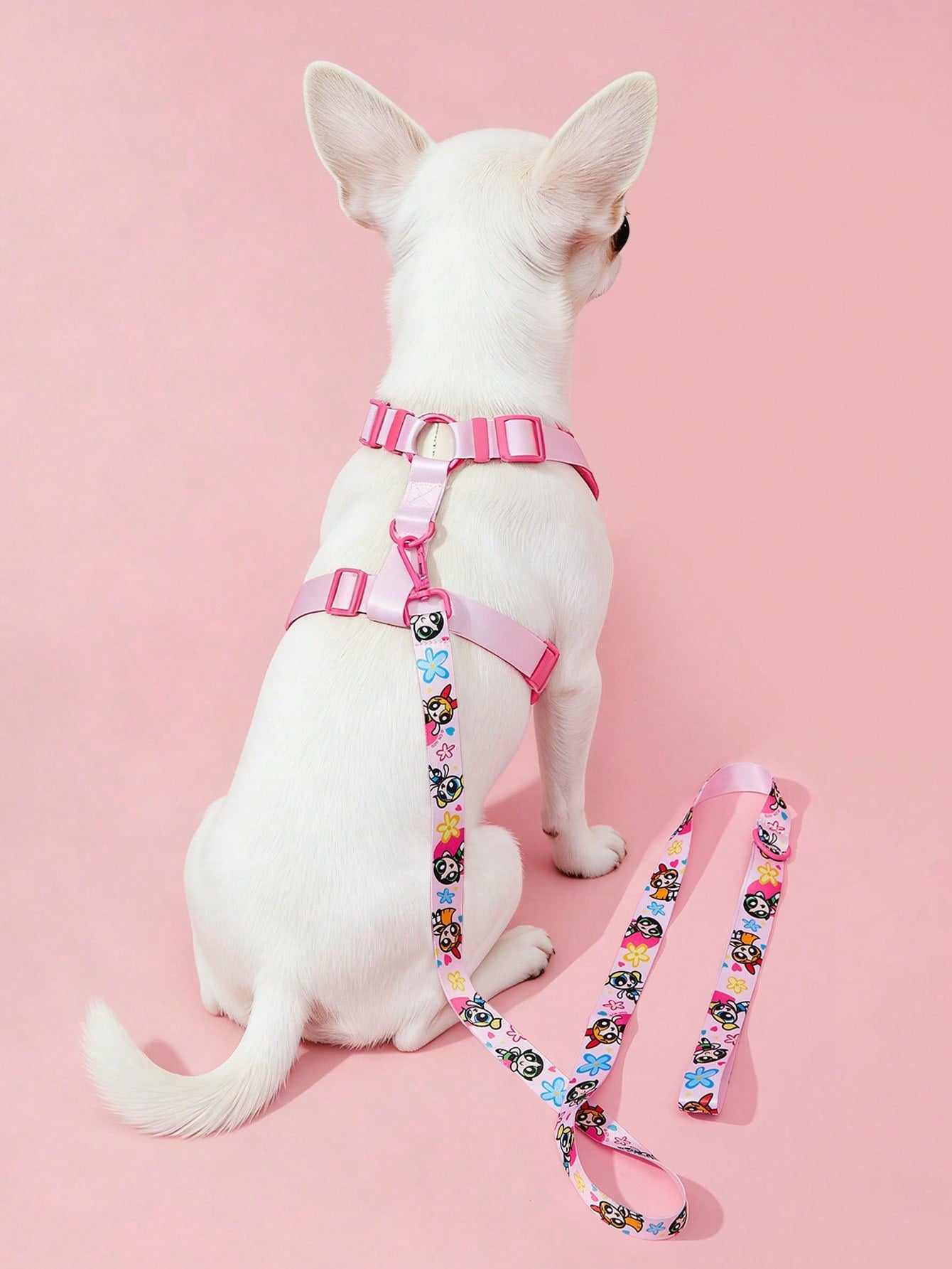 Multicolor cartoon pattern polyester pet harness and leash set with adjustable harness length for cats and dogs