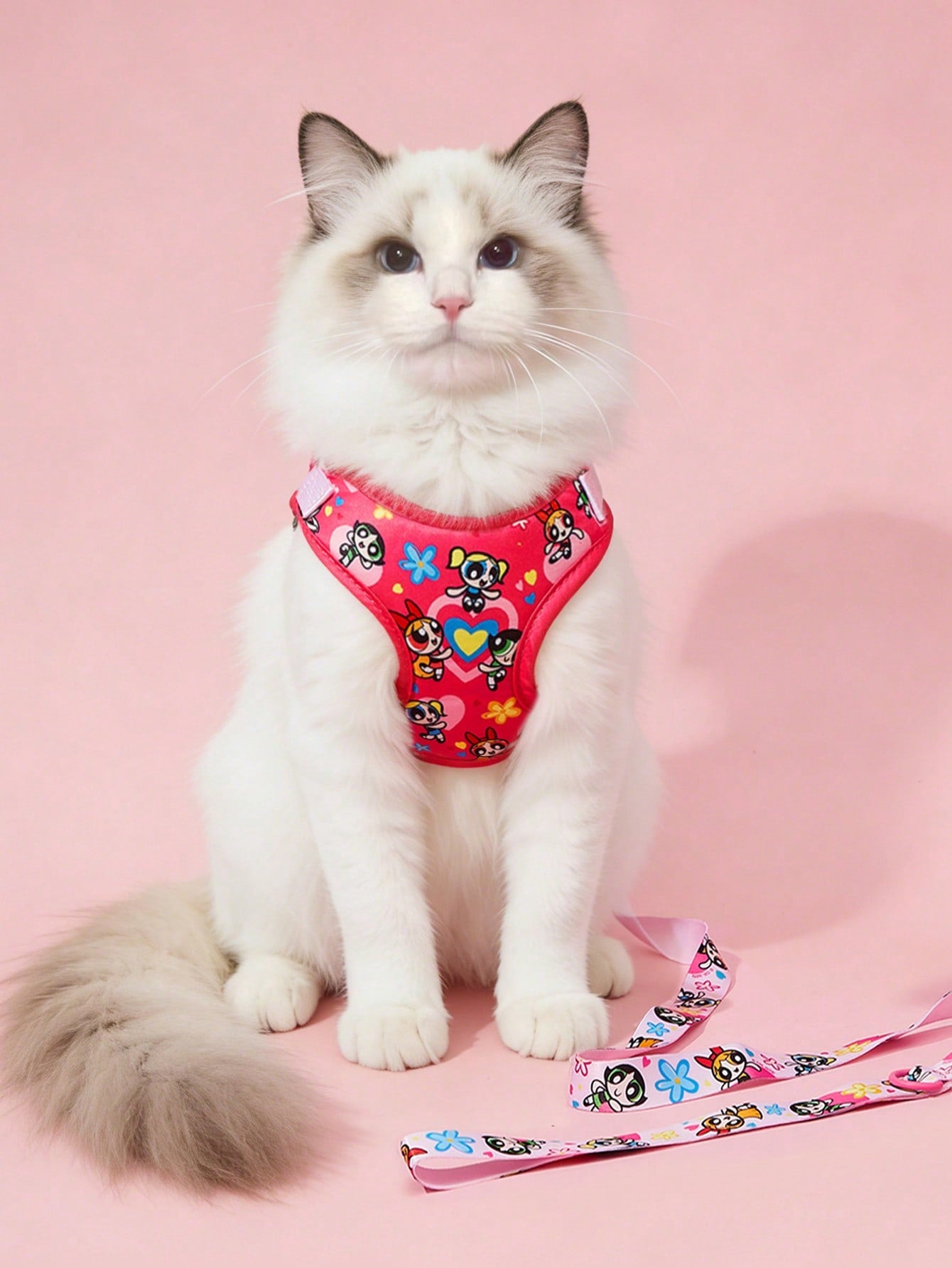 Multicolor cartoon pattern polyester pet harness and leash set with adjustable harness length for cats and dogs