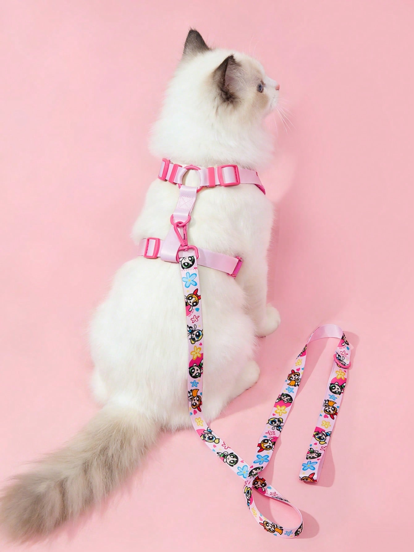 Multicolor cartoon pattern polyester pet harness and leash set with adjustable harness length for cats and dogs