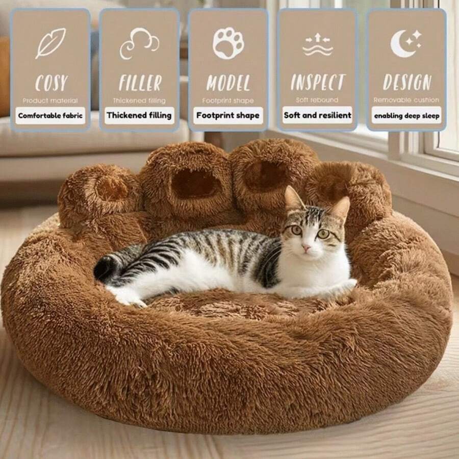 Brown plush donut pet bed with a curved headrest for cats and dogs made of soft polyester material.