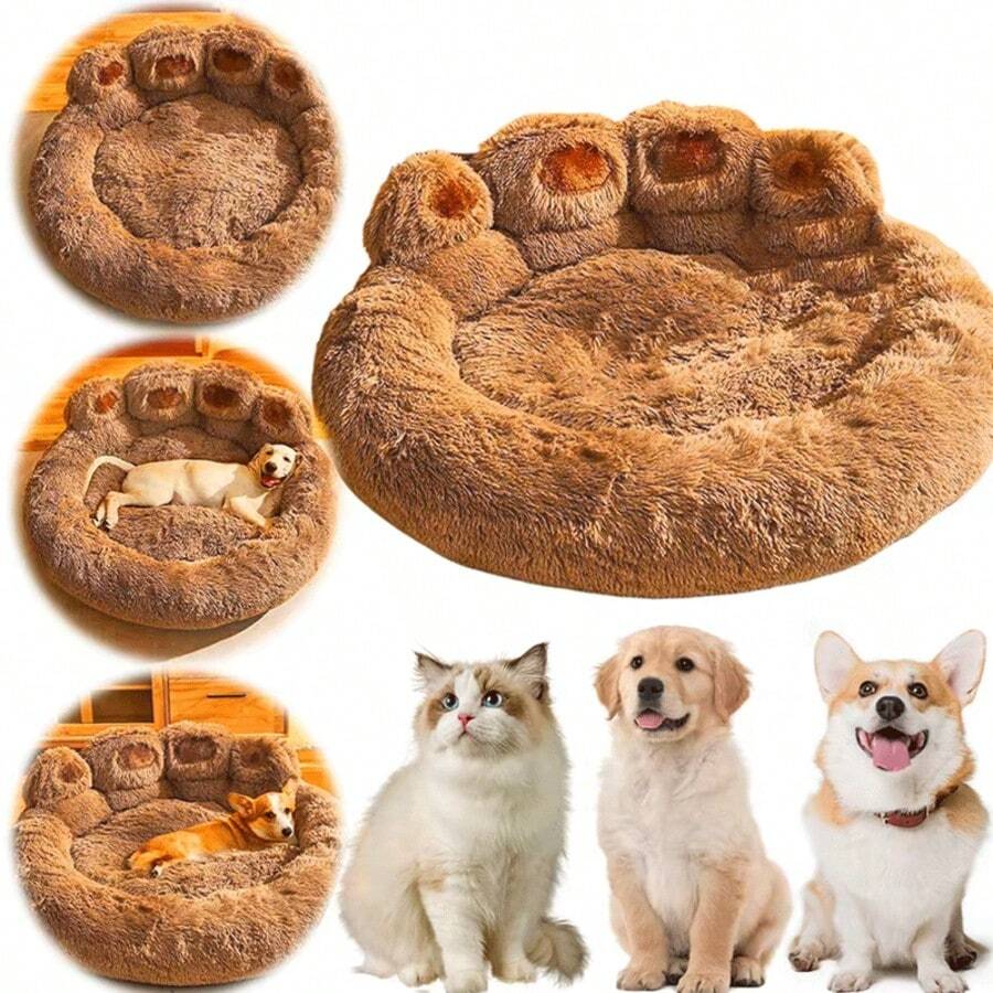 Brown plush donut pet bed with a curved headrest for cats and dogs made of soft polyester material.