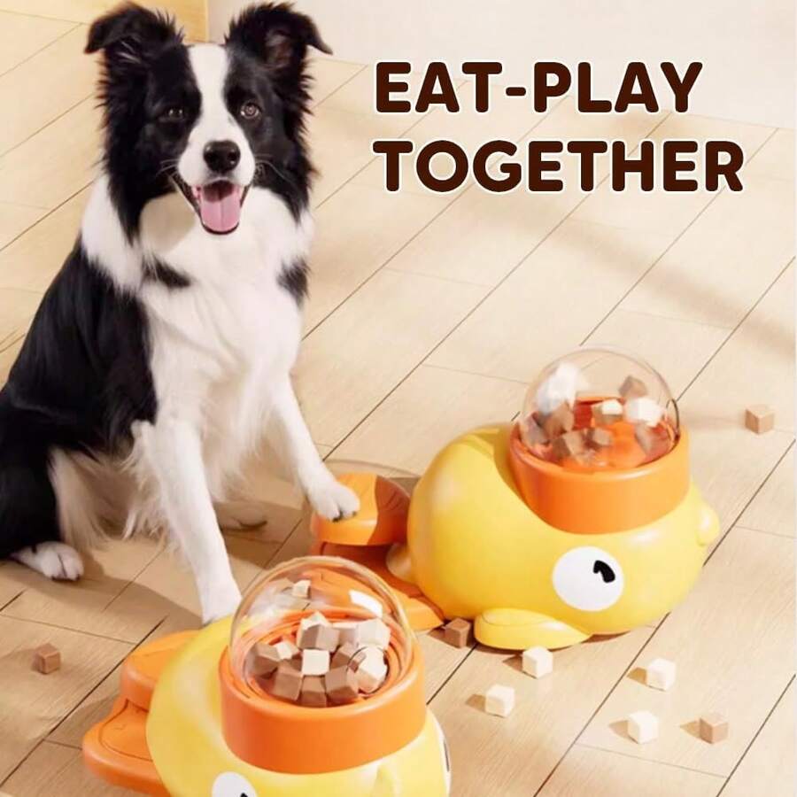 Yellow duck-shaped 2-in-1 interactive dog slow feeder bowl and food puzzle treat dispenser toy