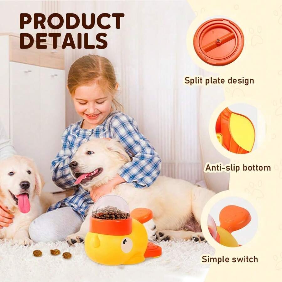 Yellow duck-shaped 2-in-1 interactive dog slow feeder bowl and food puzzle treat dispenser toy