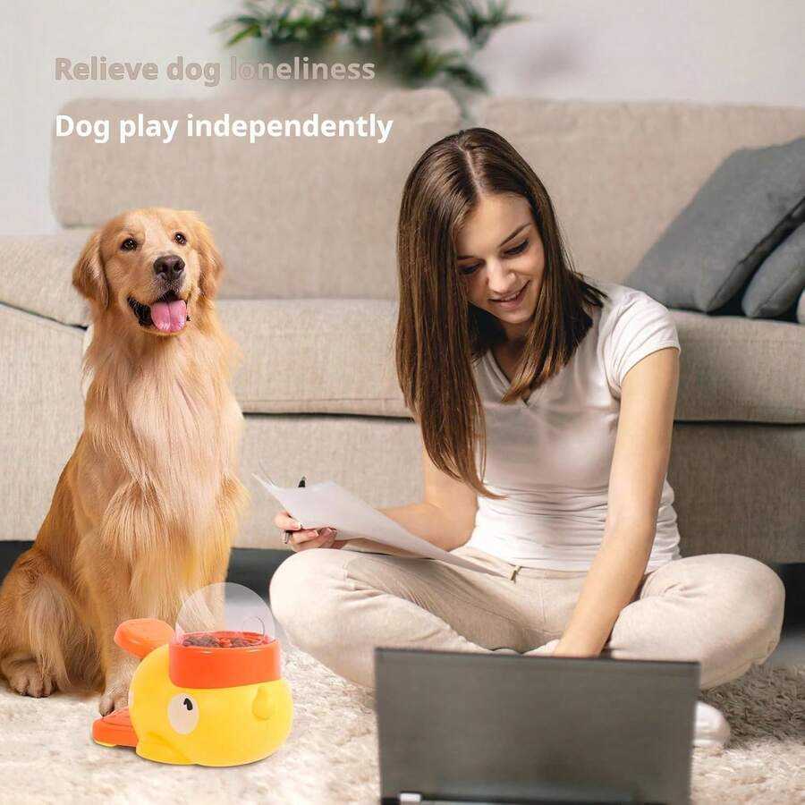 Yellow duck-shaped 2-in-1 interactive dog slow feeder bowl and food puzzle treat dispenser toy