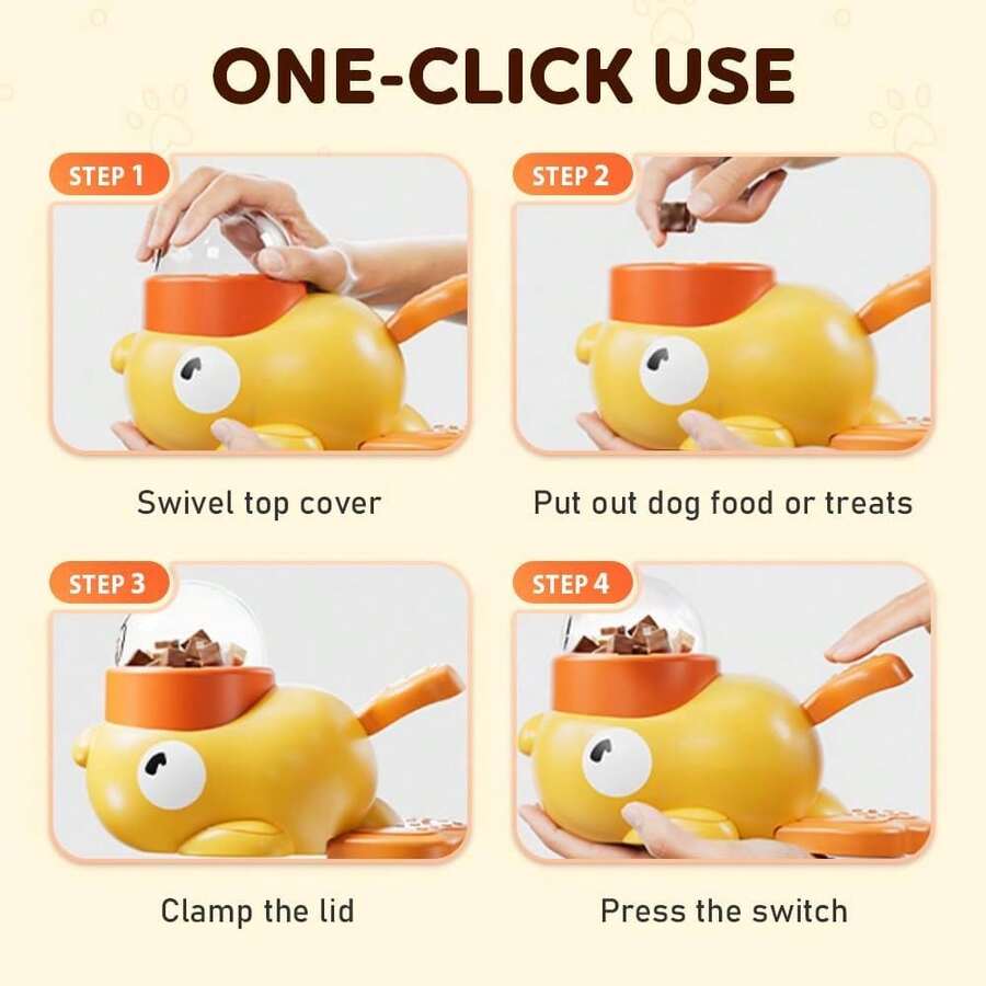 Yellow duck-shaped 2-in-1 interactive dog slow feeder bowl and food puzzle treat dispenser toy