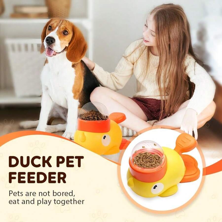 Yellow duck-shaped 2-in-1 interactive dog slow feeder bowl and food puzzle treat dispenser toy