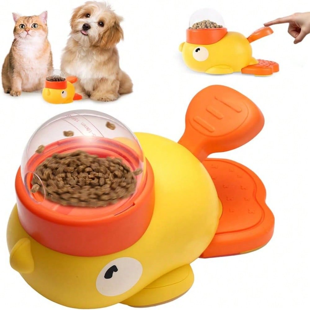 Yellow duck-shaped 2-in-1 interactive dog slow feeder bowl and food puzzle treat dispenser toy